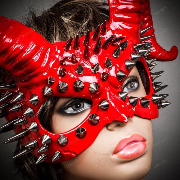 Demon Steampunk Spikes Devil with Back Twisted Horns Masquerade Eye Mask RED - Picture 5 of 7